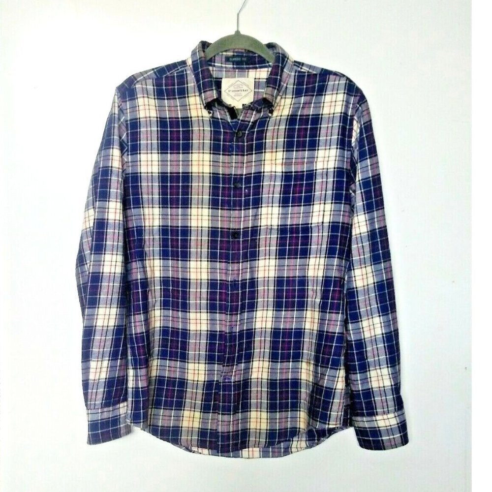 Mens PLAID FLANNEL SHIRT ST. JOHN'S BAY sz S button-down Navy blue ivory L/S